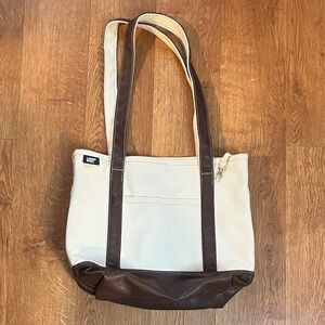 Lands' End Ivory and Brown Canvas Tote with Leather Handles and Bottom